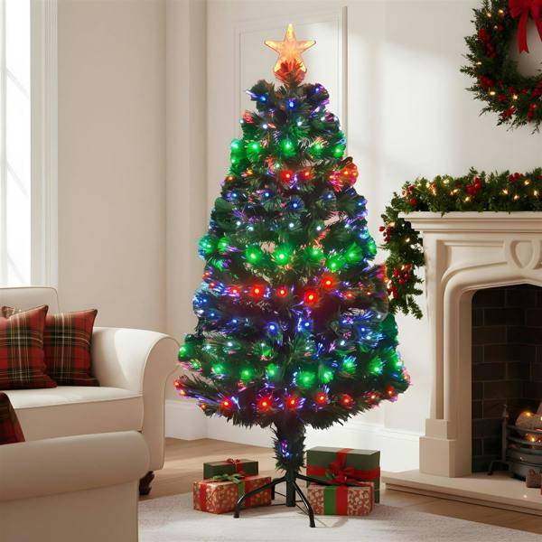 6ft Fibre Optic Christmas Tree, Multicolour LED Pre-Lit with 8 Light Modes, PVC Green Tips image 1