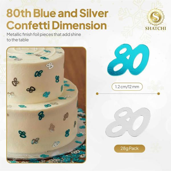 80th Birthday Blue and Silver Confetti Pack, Metallic Foil Table Decoration for Party Displays image 1