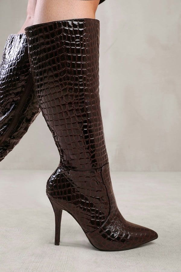 Where's That From Zoya Wide Calf High Heel Boot in Wide E Fit in Dark Brown Croco Patent