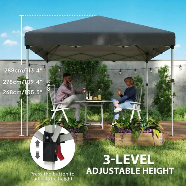 Dark grey pop-up gazebo with adjustable height posts and open front