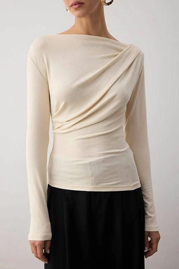 WOVCOR Asymmetrical Neckline Detail Flexible Knit Blouse