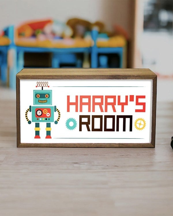 Personalised Robot Light Box for Kids. Custom LED Night Light with Retro Charm