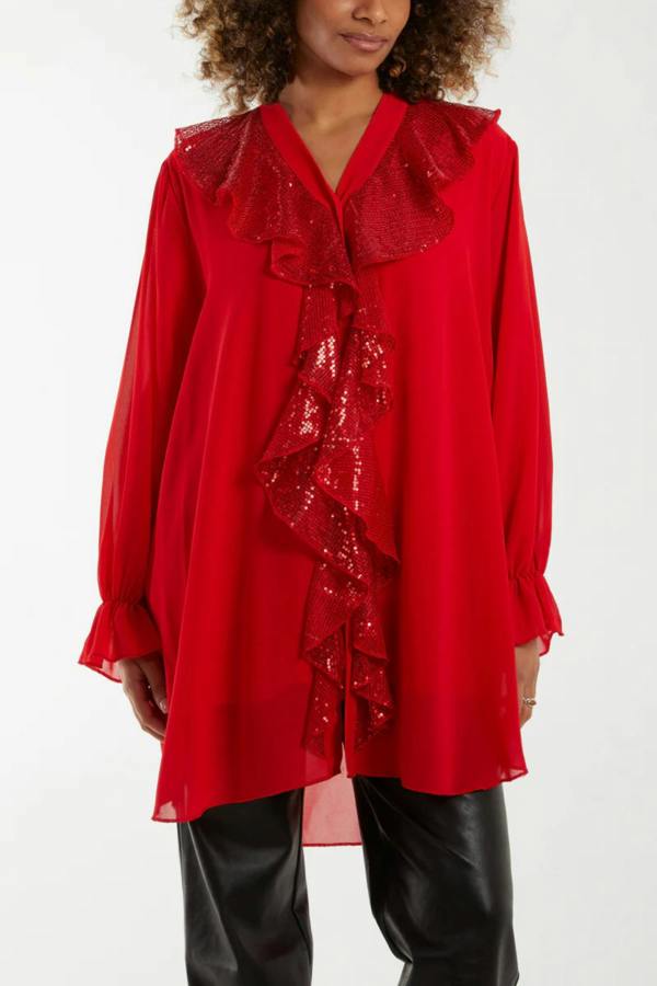 Hoxton Gal Relaxed Fit Long Sleeves Frilled Front Sequin Detail Tunic Top in Red