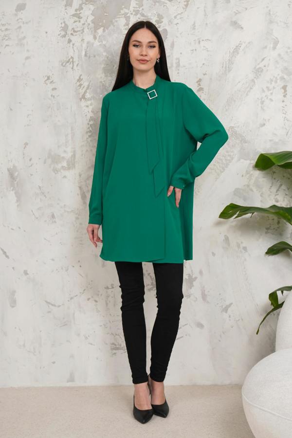 Hoxton Gal Oversized High Neck Tunic Top with Brooch Details in Dark Green
