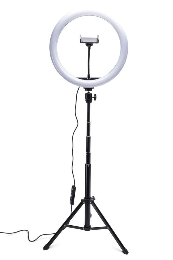 The Rio Studio RGB Beauty Ring Light features a smartphone holder, an adjustable black tripod, and a power cord with control switch—ideal for vivid color capture.