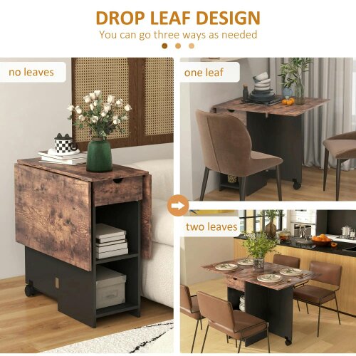 Wyld Haus Barretti Wooden Rustic Brown Folding Drop Leaf Dining Table With Drawer And Storage Shelves
