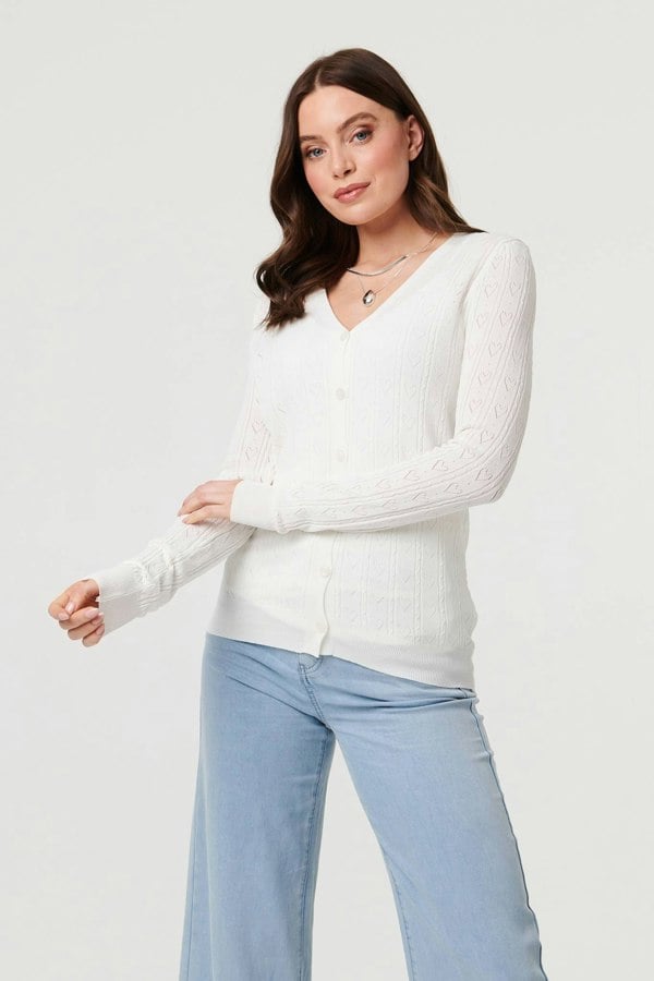 White | Semi Sheer Heart Textured Slim Cardigan
