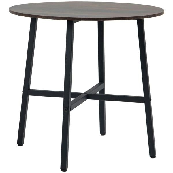 Round rustic brown dining table with steel legs and X-style support brace