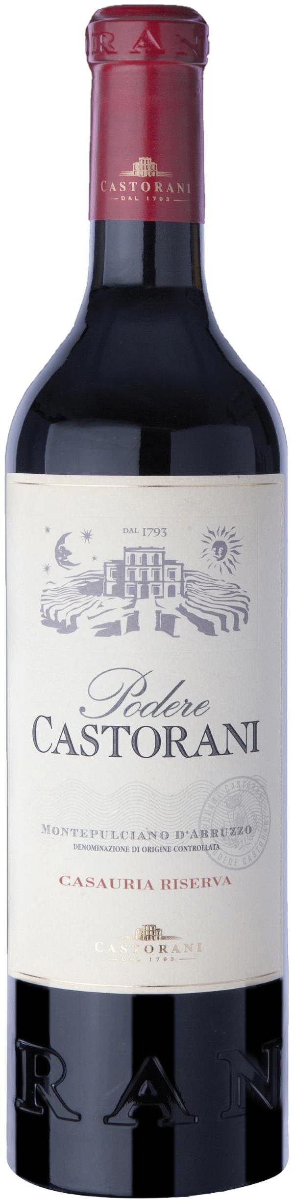 Red wine bottle with 'Pedere Castorani montepulciano d'abruzzo riserva' label on a white background