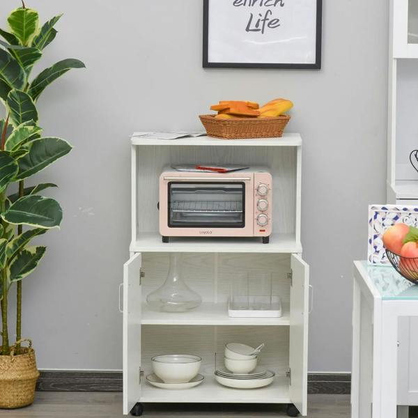 White microwave storage cabinet cart with open shelves for microwave and dishes