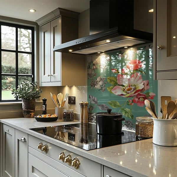 Benjamin Tate Design Bright Flower On Green Splash Back