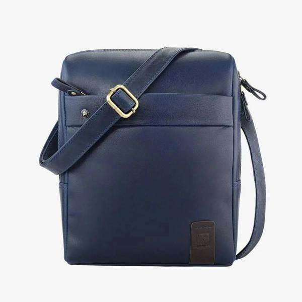 Navy leather messenger bag with gold buckle on a white background