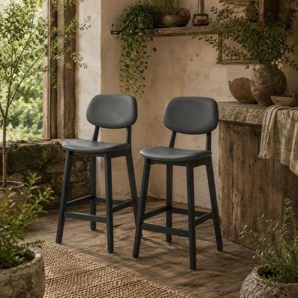 Wyld Haus Lavidiel Faux Leather Dark Grey Bar Stools Set Of 2 With Back Support And Wood Legs