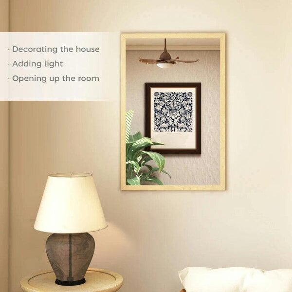 Bobobiy Wall Bathroom Mirror, 60 x 40 cm Wall-Mounted Mirror for Living Room, Bedroom, Hallway, Natural Wood Finish