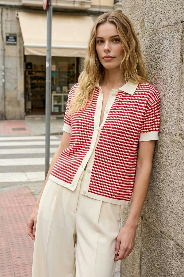 WOVCOR Striped Polo Neck Knit Mid-Length Blouse