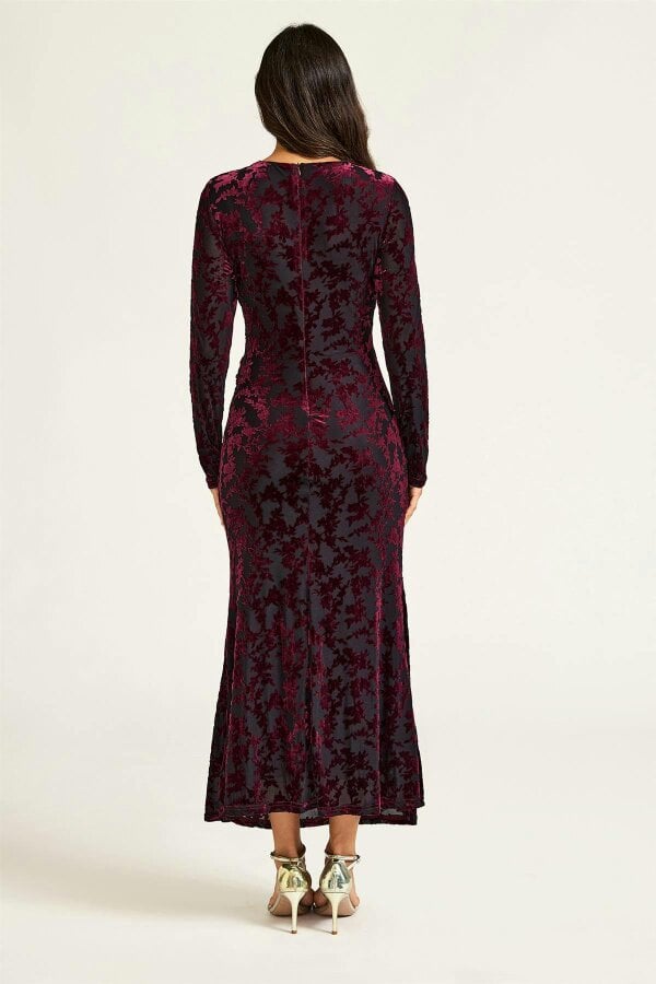 FS Collection Wine Floral Velvet Devore Long Sleeve Wrap Midi Dress In Black