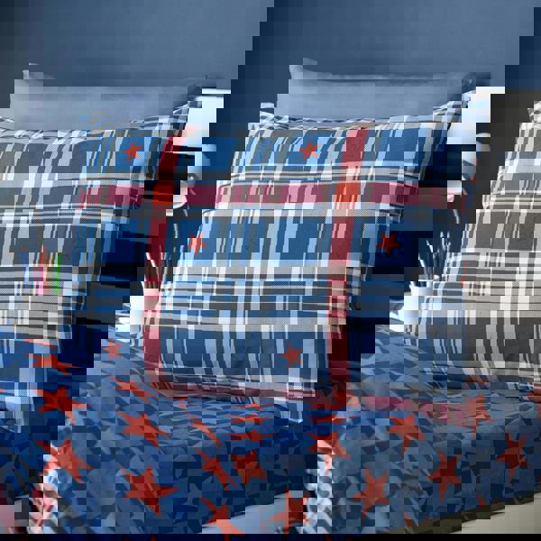 Catherine Lansfield Stars And Check Reversible Duvet Cover Set Blue