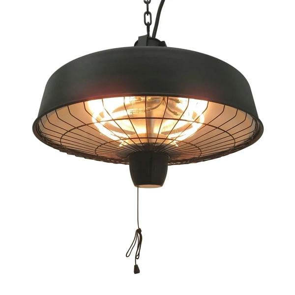Black hanging infrared patio heater with domed mesh guard and glowing heating elements