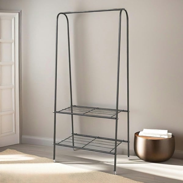 Rafaelo Mobilia Heavy Duty Metal Clothes Rail Open Wardrobe With 2 Shelves Black