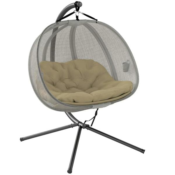 Hanging egg chair with double seat pod and beige cushion on black stand, mesh fabric.
