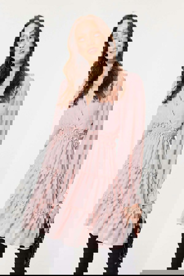 Pink | Tiered Long Sleeve Mini Dress