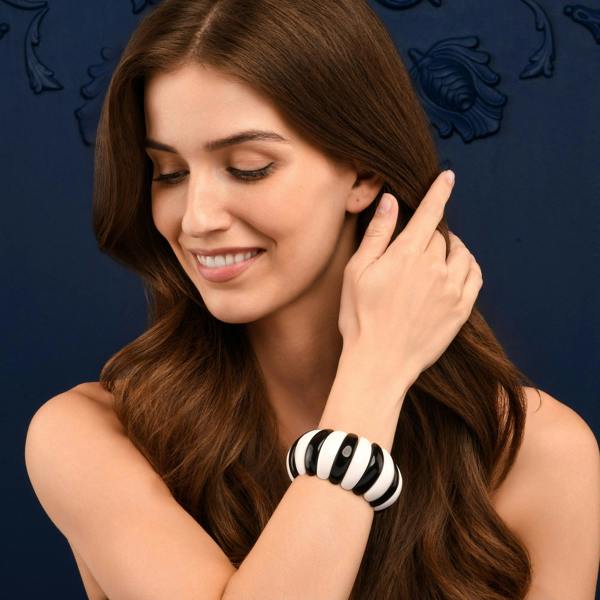 Zavana Wide Black and White Half-Moon Resin Links Bangle Bracelet For Women