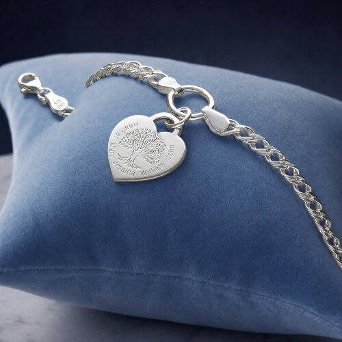 Christopher James of London Sterling Silver Personalised Tree of Life Heart Charm Double Curb Bracelet