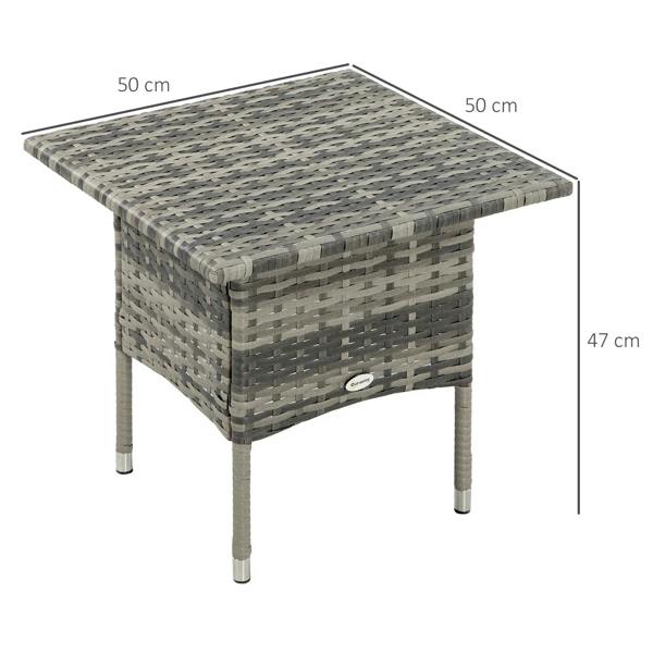 Grey woven rattan coffee table with square top and four legs, size markers shown