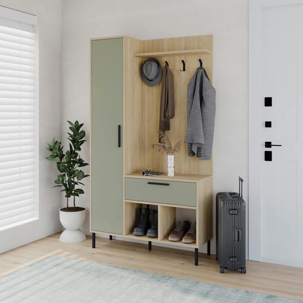 Decortie Hall Tree 108x195.3cm 1-Drawer and 1-Door Storage Cabinet, 4 Metal Coat Hooks Sturdy Metal Legs, Hallway Oak