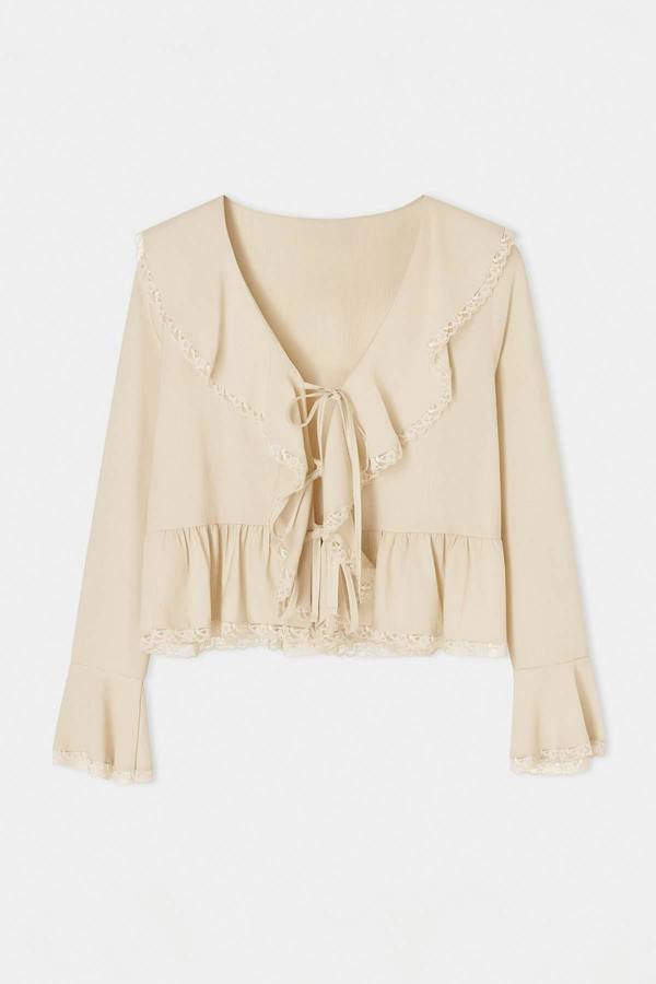 WOVCOR V Neck Long Sleeve Tie Front Lace Detail Blouse