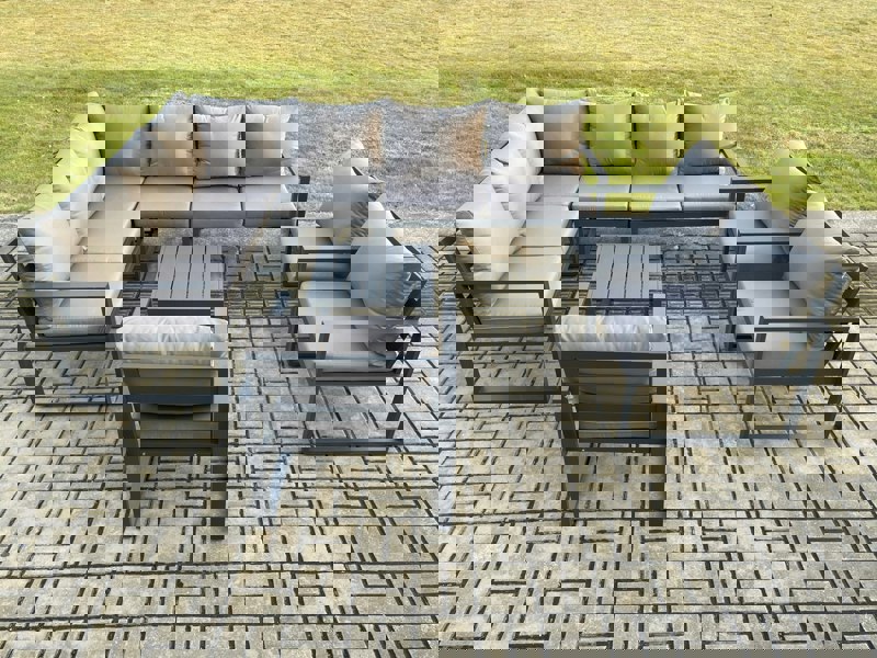 Fimous Aluminium Garden Furniture Set Outdoor Lounge Corner Sofa 3 Pcs Chair Square Coffee Table Sets Dark Grey 9 Seater