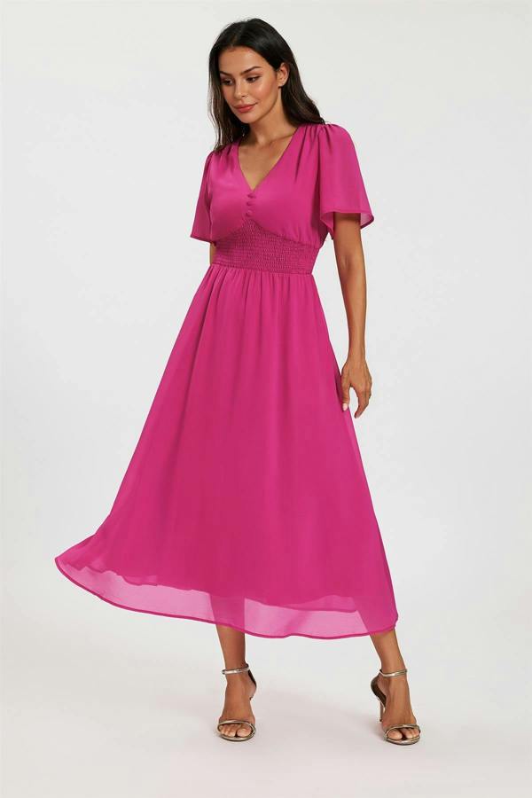 FS Collection Fuchsia V Neckline Shirred Waist Midi Dress