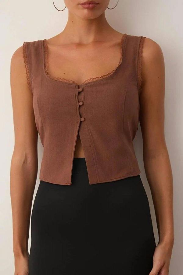 WOVCOR Square Neck Strappy Crop Woven Blouse
