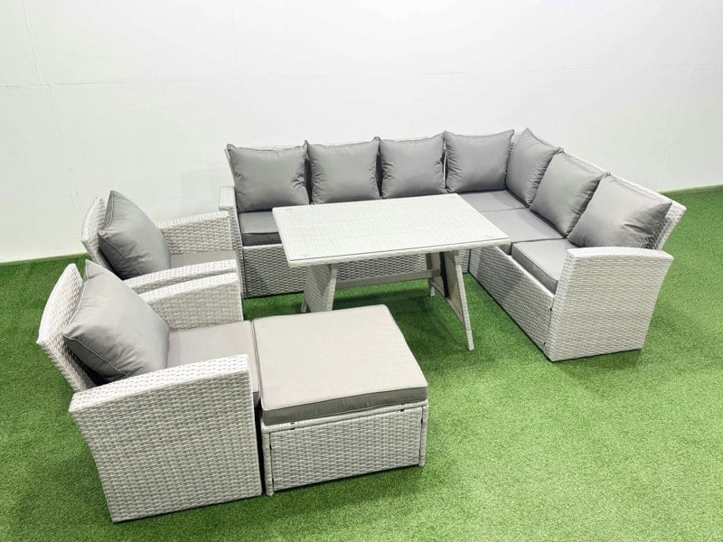 Fimous 9 Seater Garden Outdoor Rattan Furniture Set Rattan Corner Sofa Oblong Dining Table with 2 Armchairs Big Footstool Light Grey Mixed