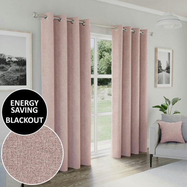 Enhanced Living 100% Blackout Curtains - Thermal/Energy Saving Linen Look Pair with Eyelets For Living Room & Bedrooms - Blush