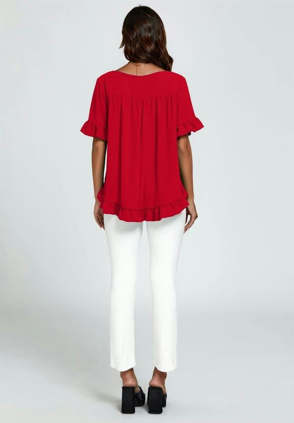 FS Collection Frill Detail Short Sleeves Top In Red