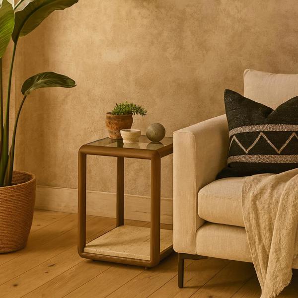 Wyld Haus Harlow Brass and Cream Shagreen Glass Top Side Table