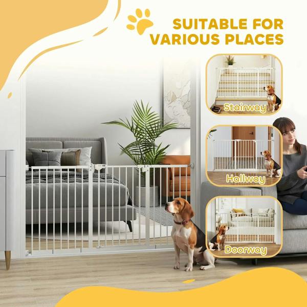 White safety gate shown for use at stairs, hallway, and doorway openings