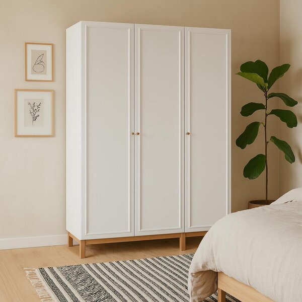 Wyld Haus Basel Light Grey and Oak 3 Door Wardrobe with Shelves Drawer and Hanging Rail