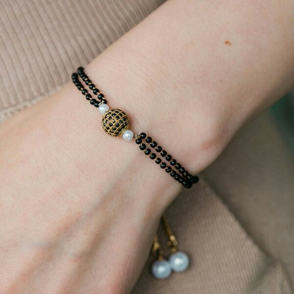 The Colourful Aura Indian Gold Plated Black Bead Everyday Mangalsutra Minimalist Nazaria Bracelet - Black