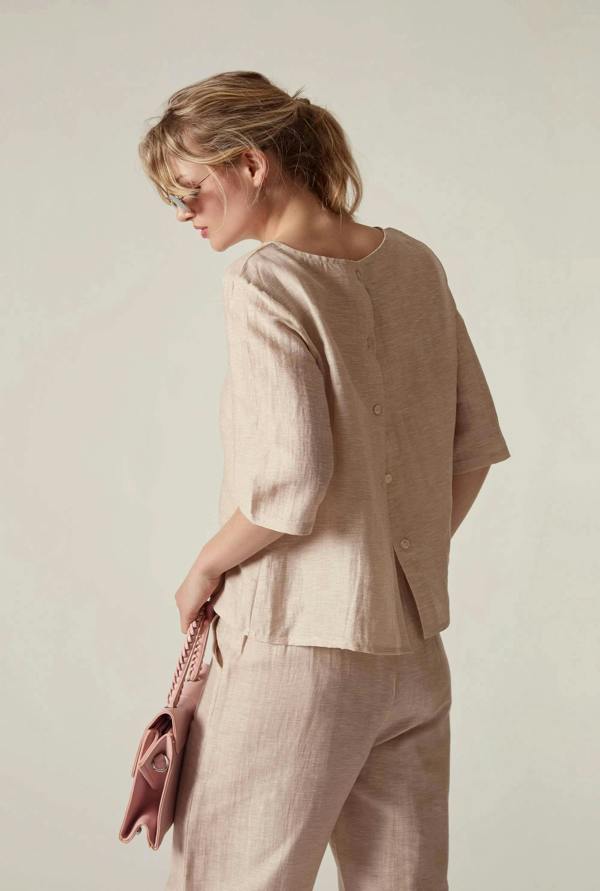 James Lakeland Beige Linen Blend Button-Back Top
