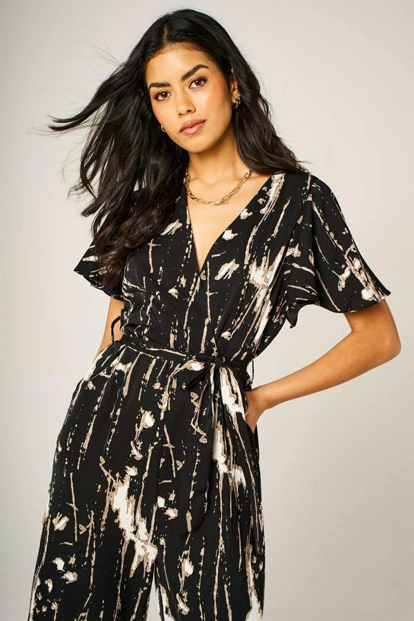 FS Collection Bleach Effect Print Wrap Top Jumpsuit In Black