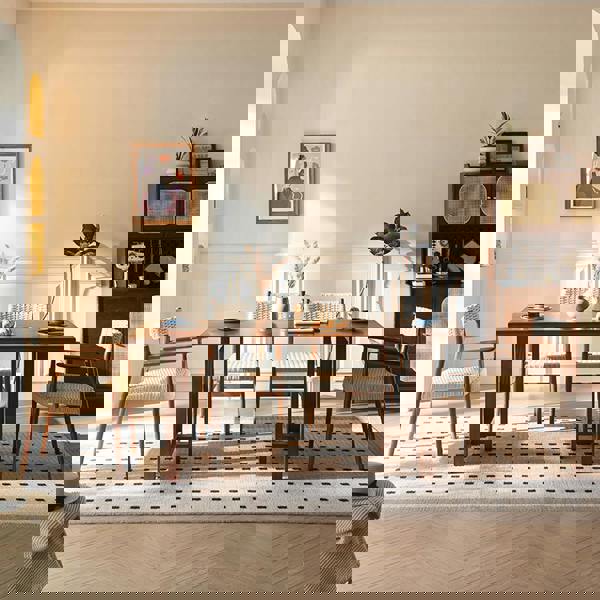 Fuchs Dining Table, Solid Wood & Rattan, Dark Oak in a lifestyle setting with small rectangle dining table