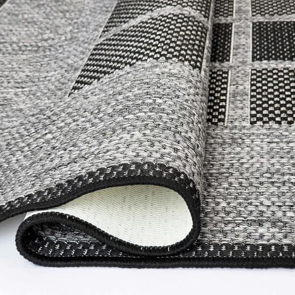 Non-Slip Grey Black Rug Geometric Border Design Flat Weave Kitchen Dining Room Living Room Area Mat