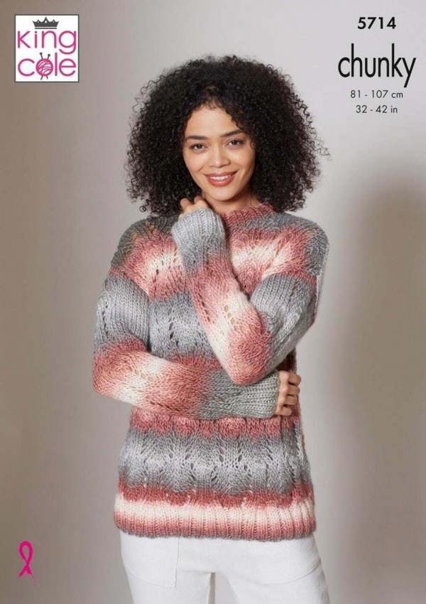King Cole Riot Chunky Knitting Pattern 5714, Sweaters, Scarves, Headwear, Gloves for Women, 32 - 42 Inches