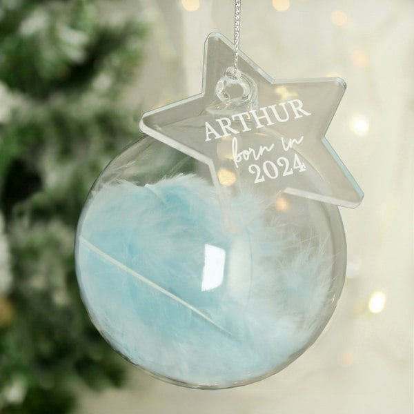 Personalised Memento Company Personalised Born In Blue Feather Glass Bauble With Star Tag