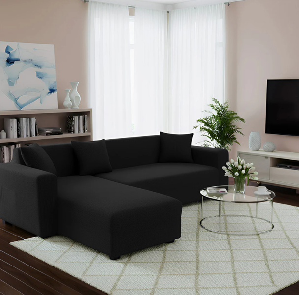 Anyseat 4 Seater Sofa Cover Plain Black Style and Protection For Living Room Sofa Chair Elastic Stretchable Slipcover