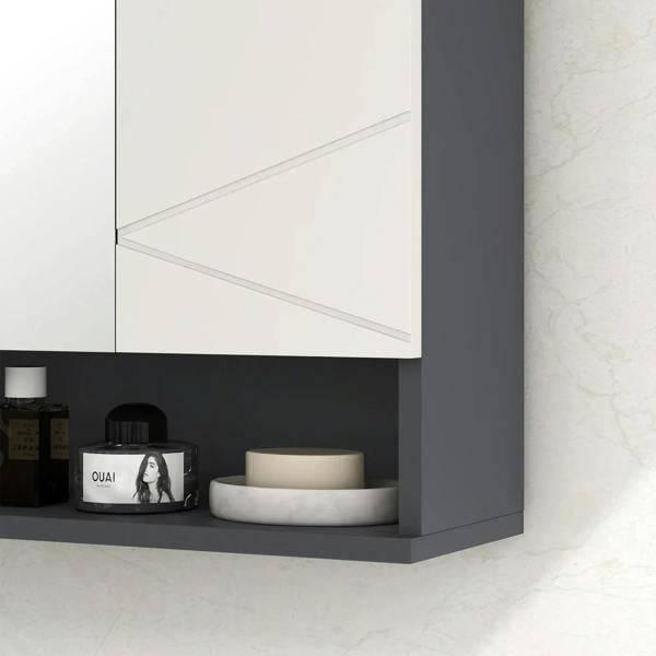 Light grey bathroom mirror cabinet interior shelf with toiletries and mirror door