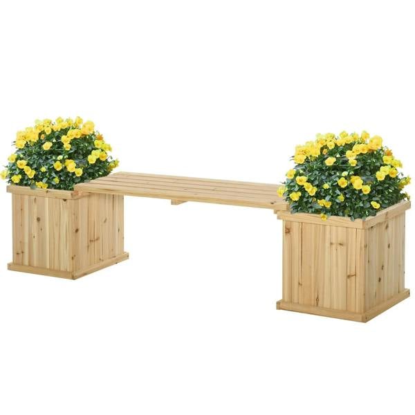 Natural wooden planter and bench with two raised planters holding yellow flowers