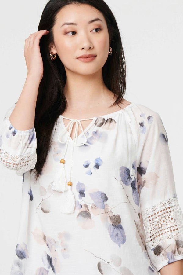 Blue | Printed Lace Trim Tie Neck Bardot Blouse
